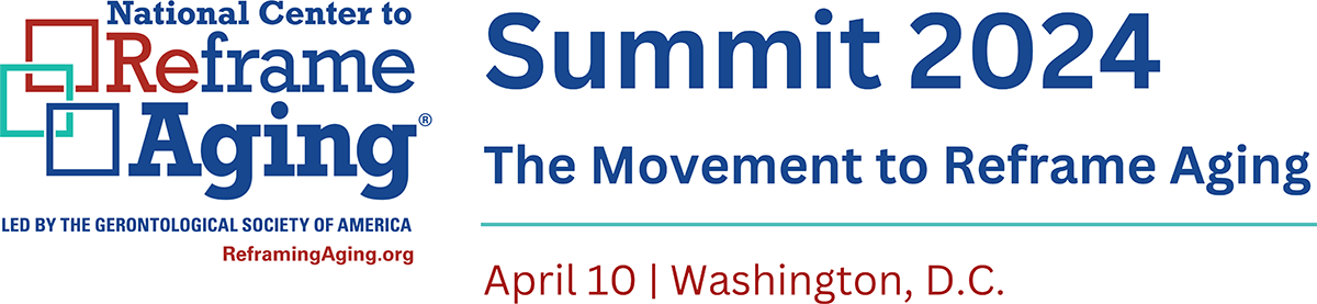 2024 The Movement to Reframe Aging Logo - Blue and red type with aqua accents