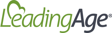 Leading Age Logo - Green and dark gray sans-serif type with heart icon interlocking with letter e