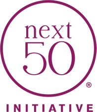 NextFifty Initiative Logo - Mulberry serif type inside circle with sans-serif type below