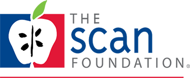 The SCAN Foundation Logo - Blue and gray sans-serif type with illustration of apple cut in half to left